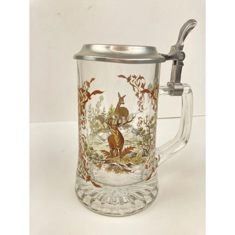 Set of 7 Vtg Glass Beer Stein Silver Top Colored Wildlife Forest Scene 6.5